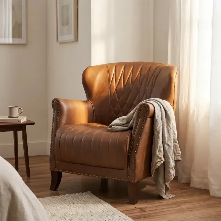 Poltrona West Couro Legítimo Pull Up | Design Vintage Matelassê