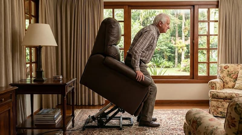 Pessoa idosa utilizando a Poltrona Alpha Lift com conforto e segurança